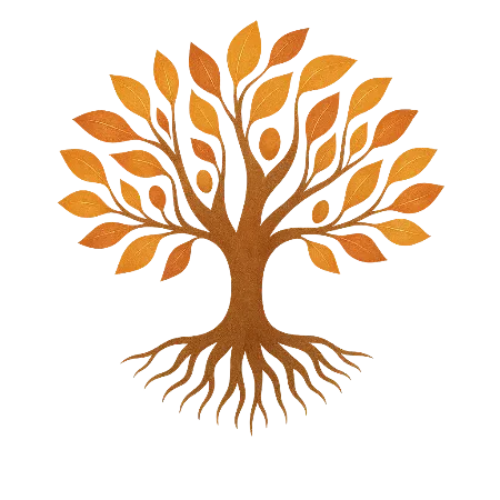 Illustration d'un arbre stylisé avec tronc et racines marron et feuilles orange, sur fond blanc.